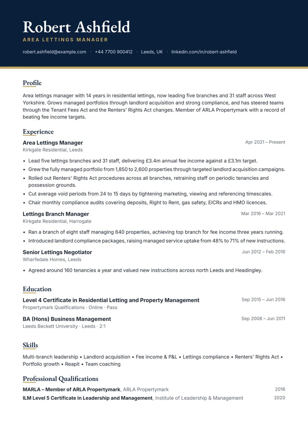 Area Lettings Manager CV template