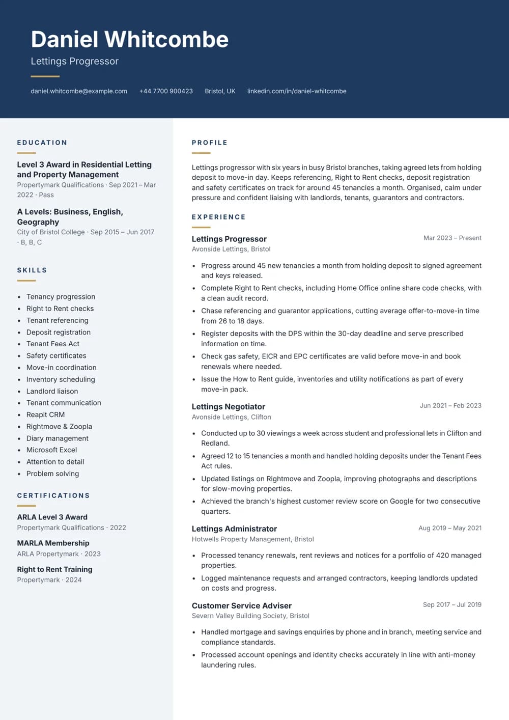 Lettings Progressor CV template
