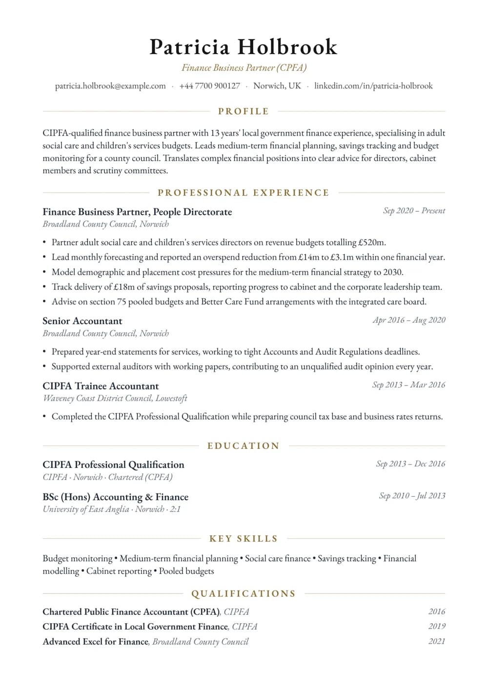 Local Authority Finance Business Partner CV template