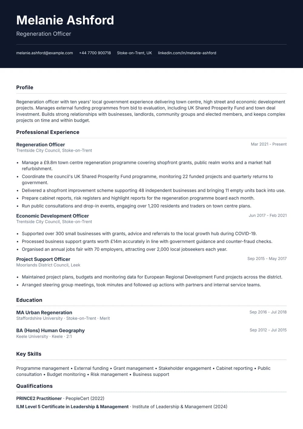 Regeneration Officer CV template