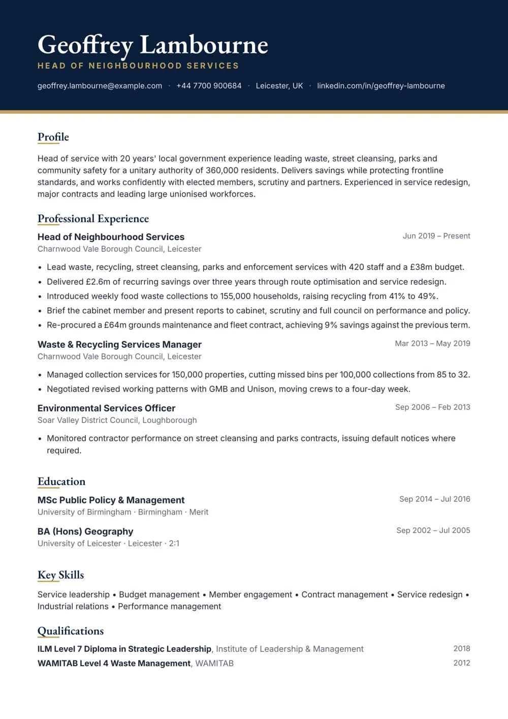 Head of Neighbourhood Services CV template