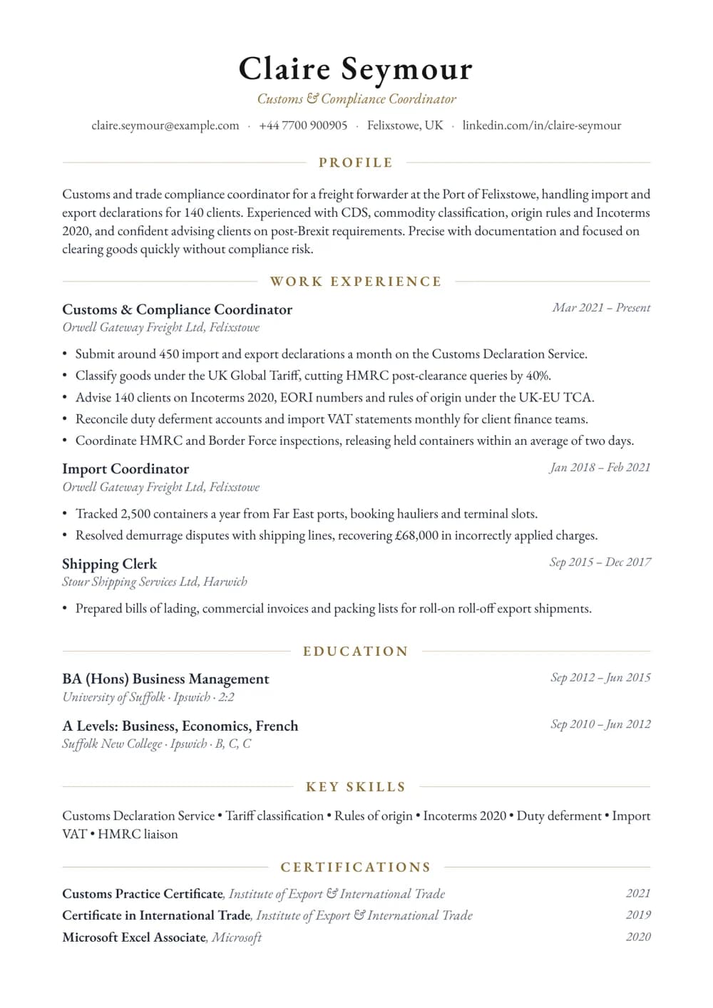 Customs & Compliance Coordinator CV template