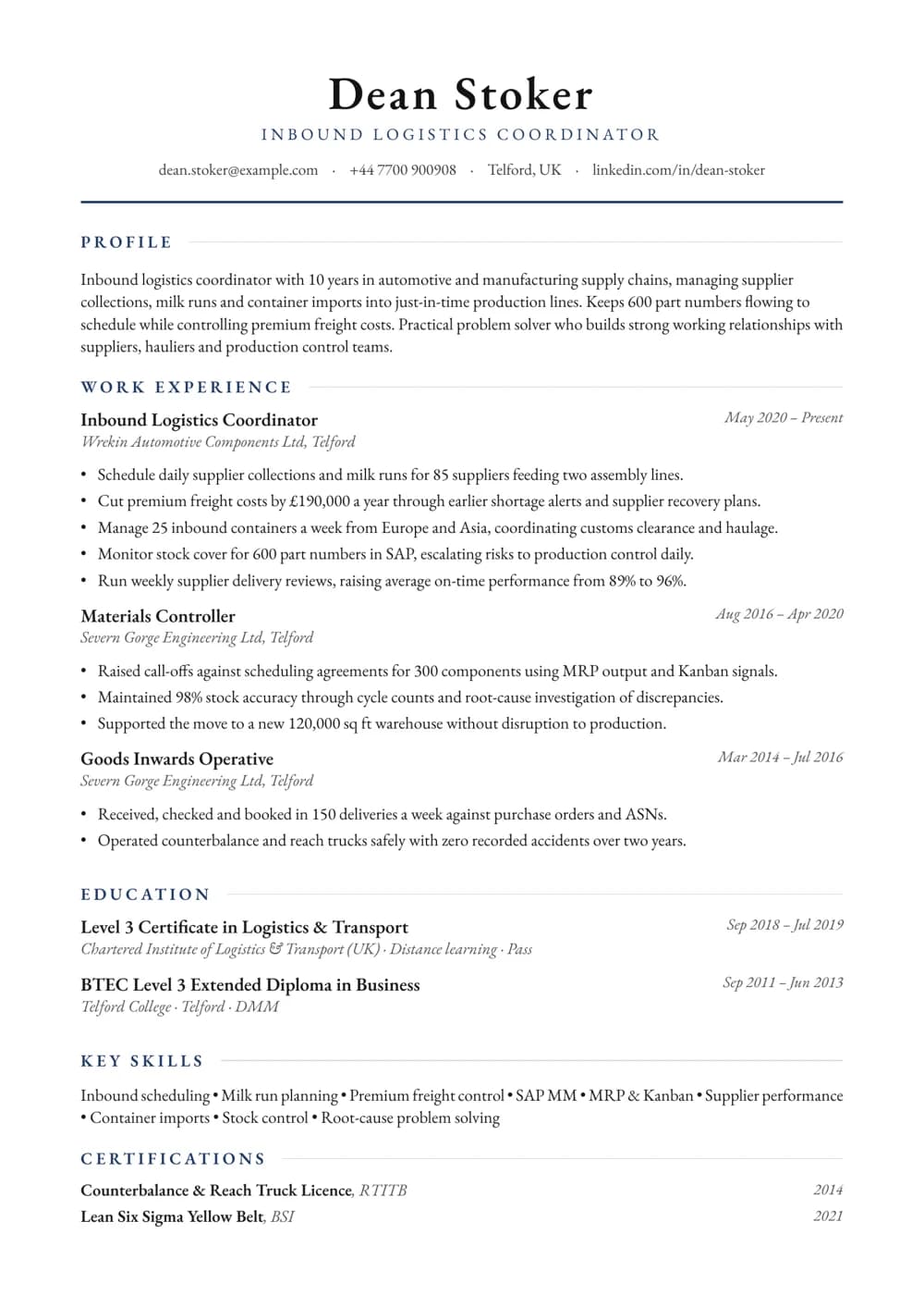 Inbound Logistics Coordinator CV template