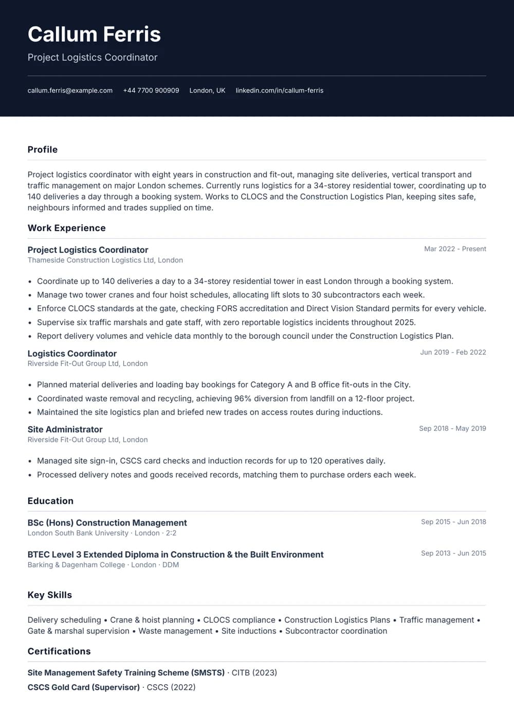 Construction Logistics Coordinator CV template