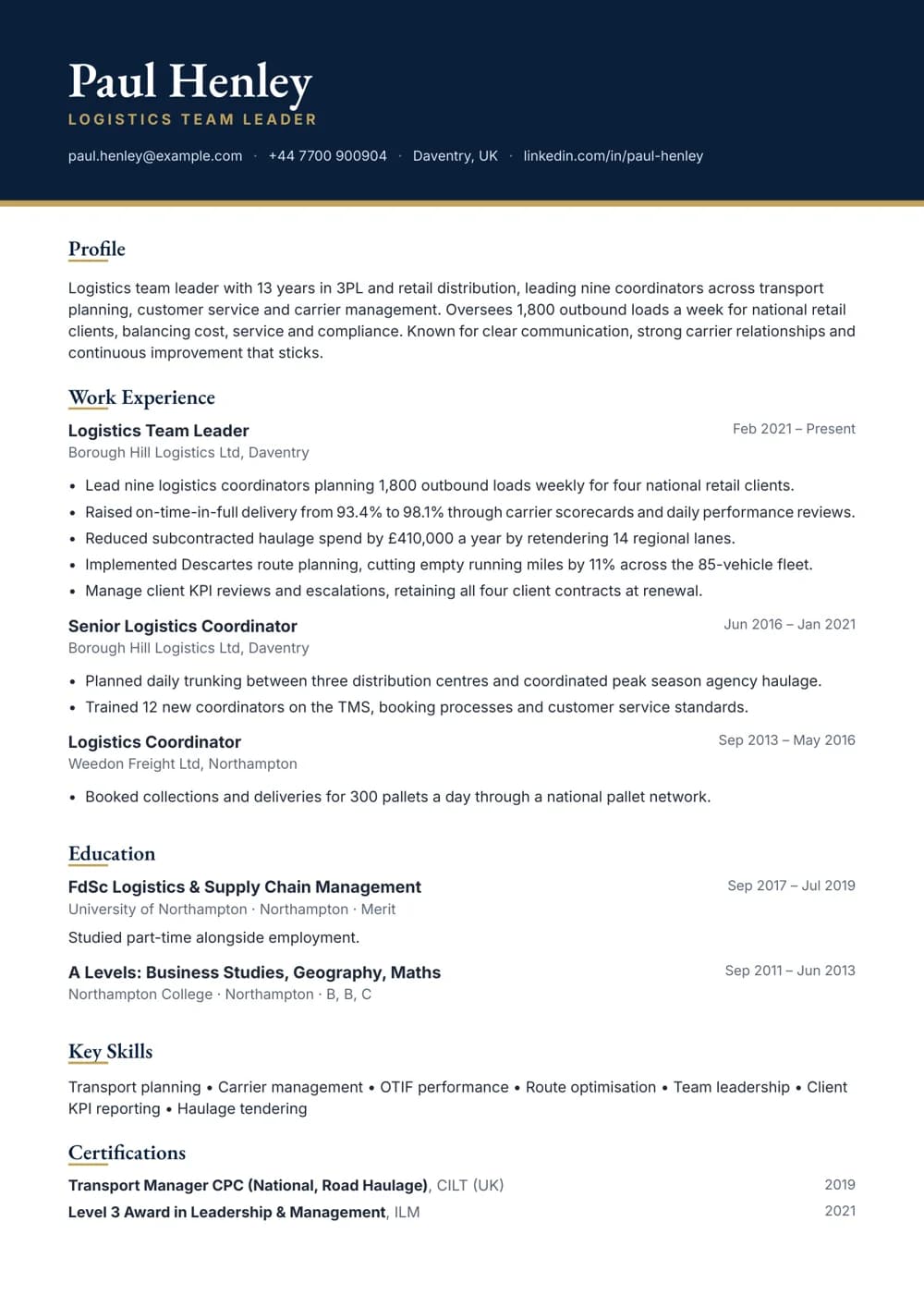 Logistics Team Leader CV template