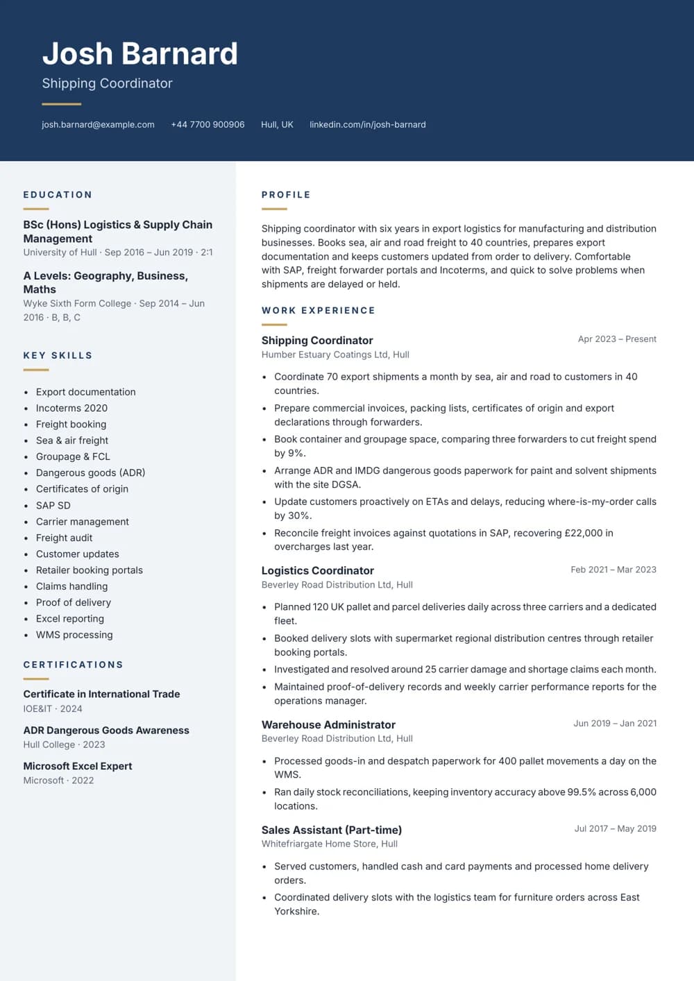 Shipping Coordinator CV template