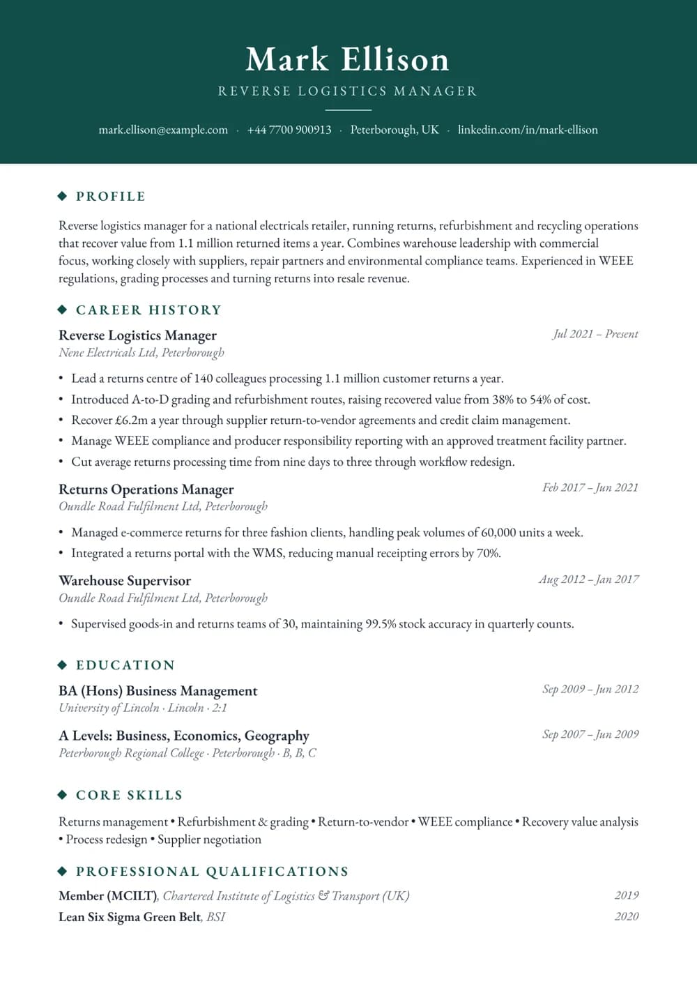 Reverse Logistics Manager CV template