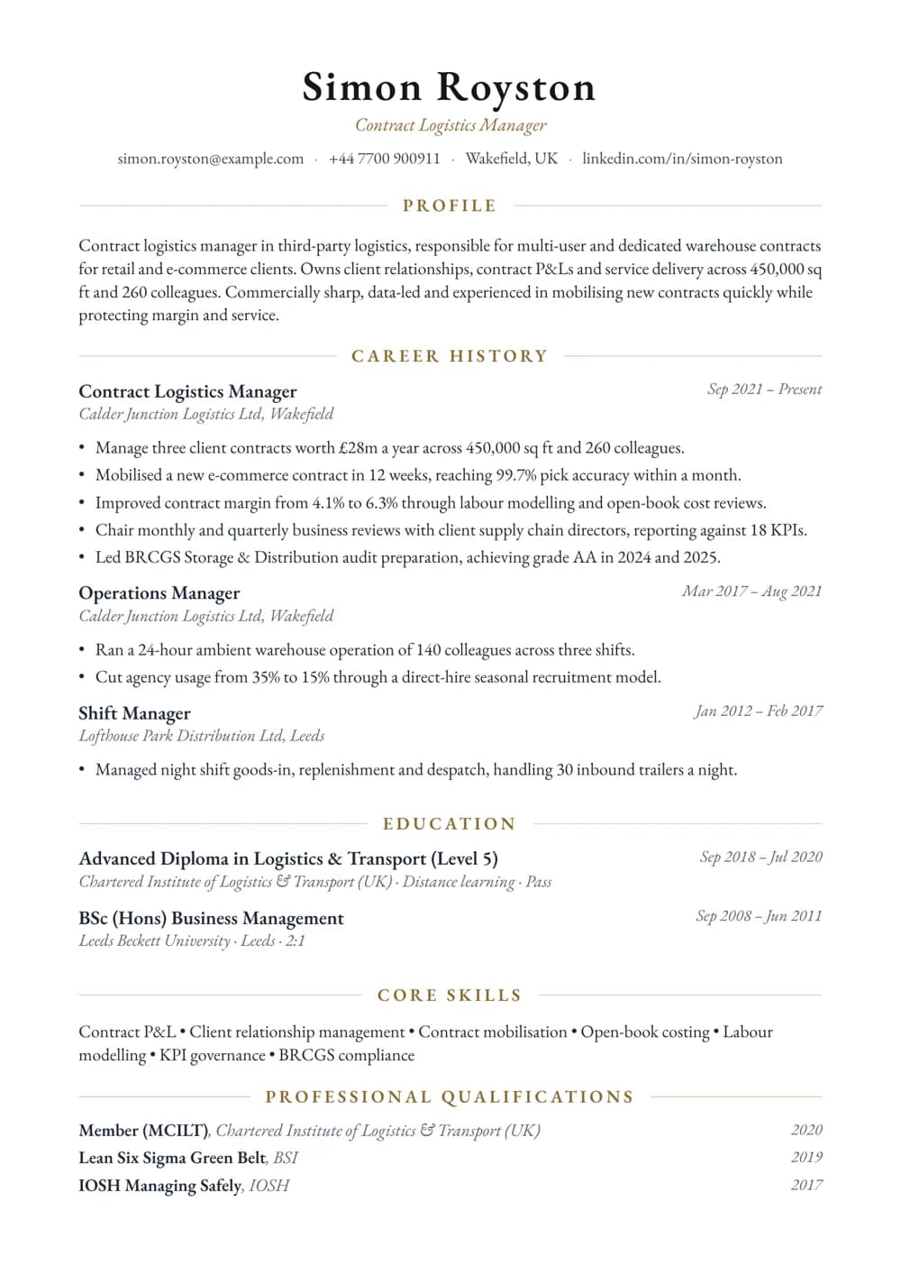 Contract Logistics Manager CV template