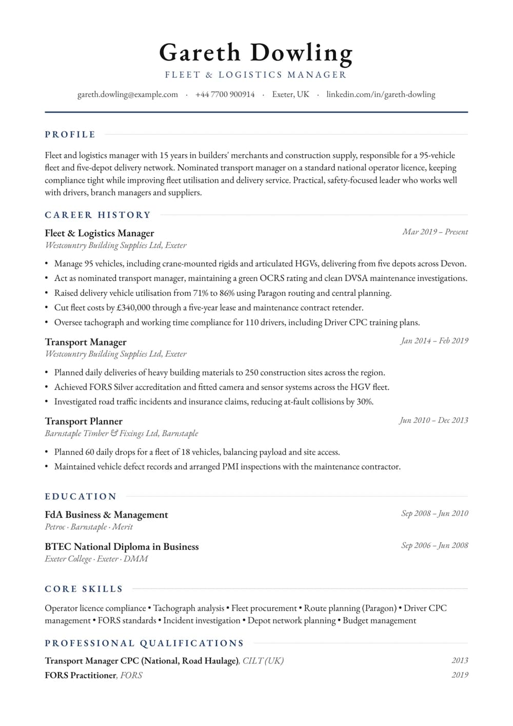 Fleet & Logistics Manager CV template