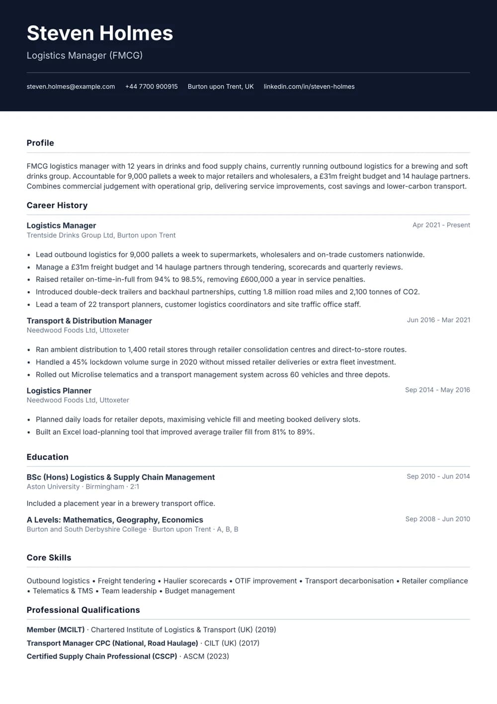 FMCG Logistics Manager CV template