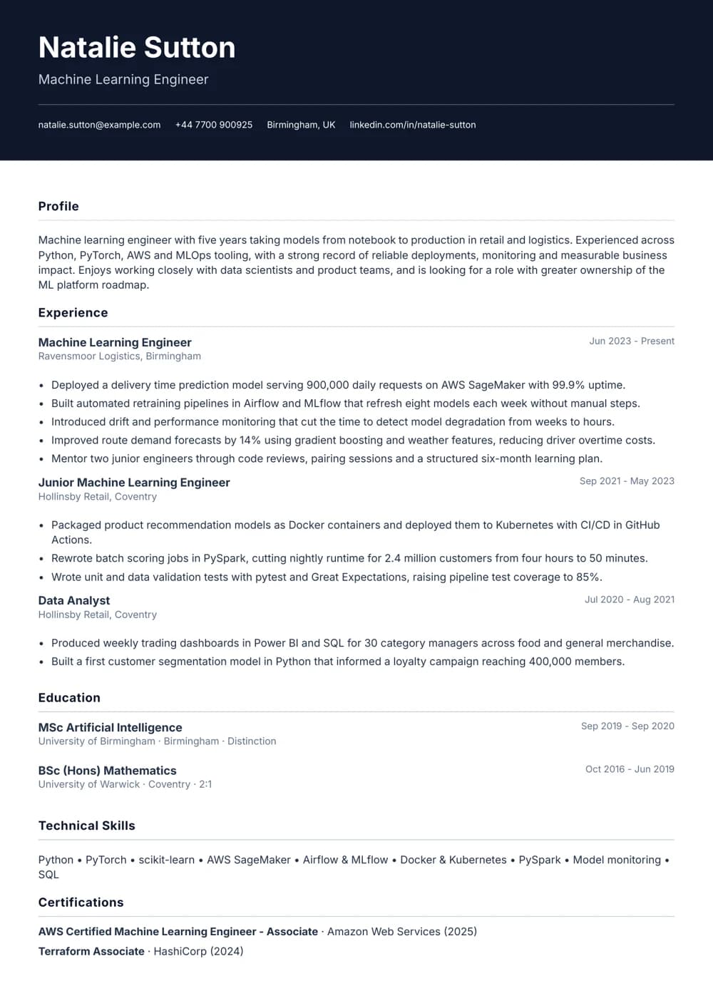 Production ML Engineer CV template