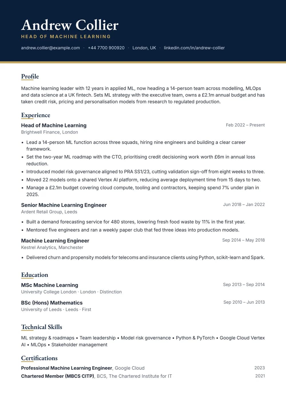 Head of Machine Learning CV template