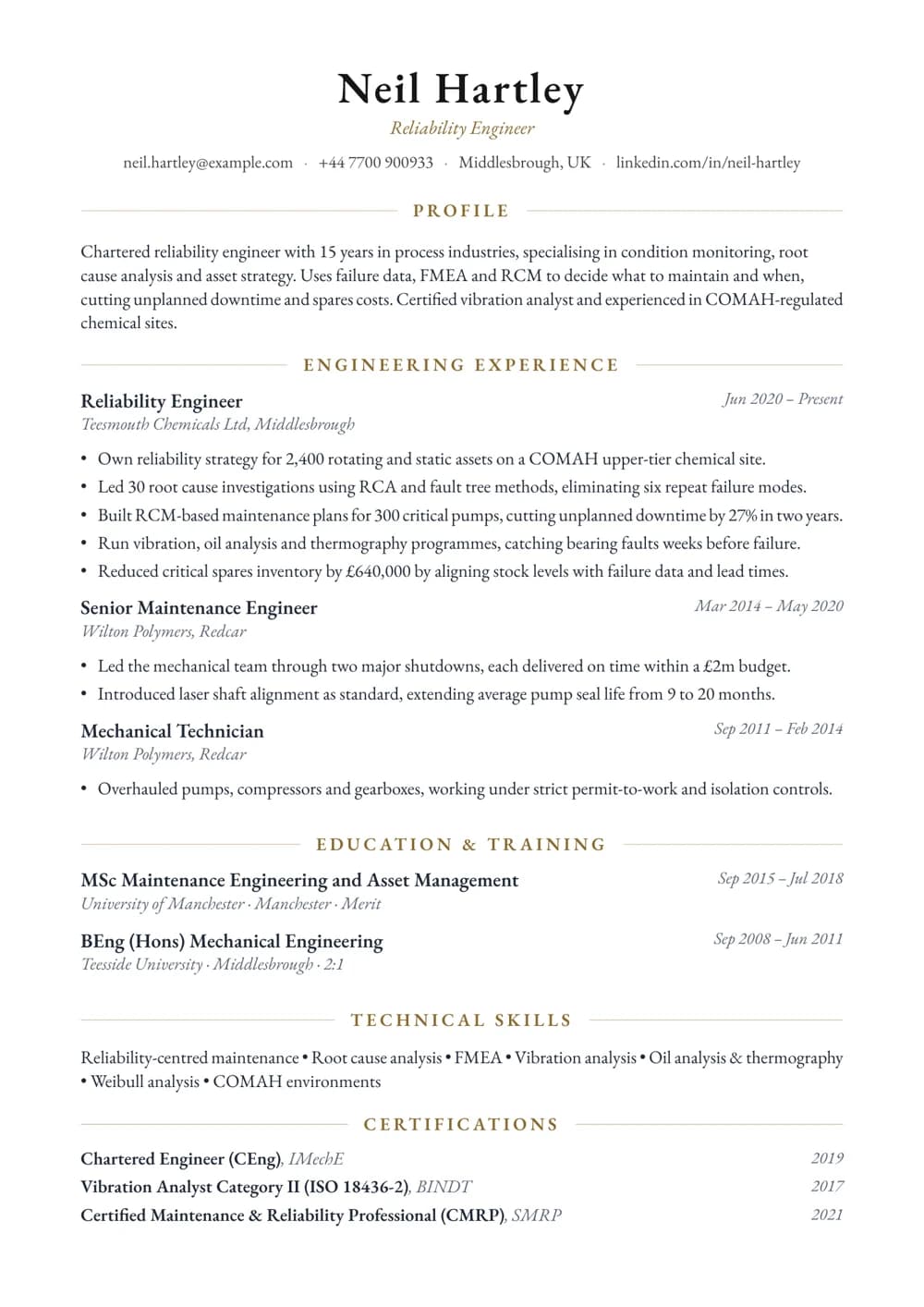 Reliability Engineer CV template