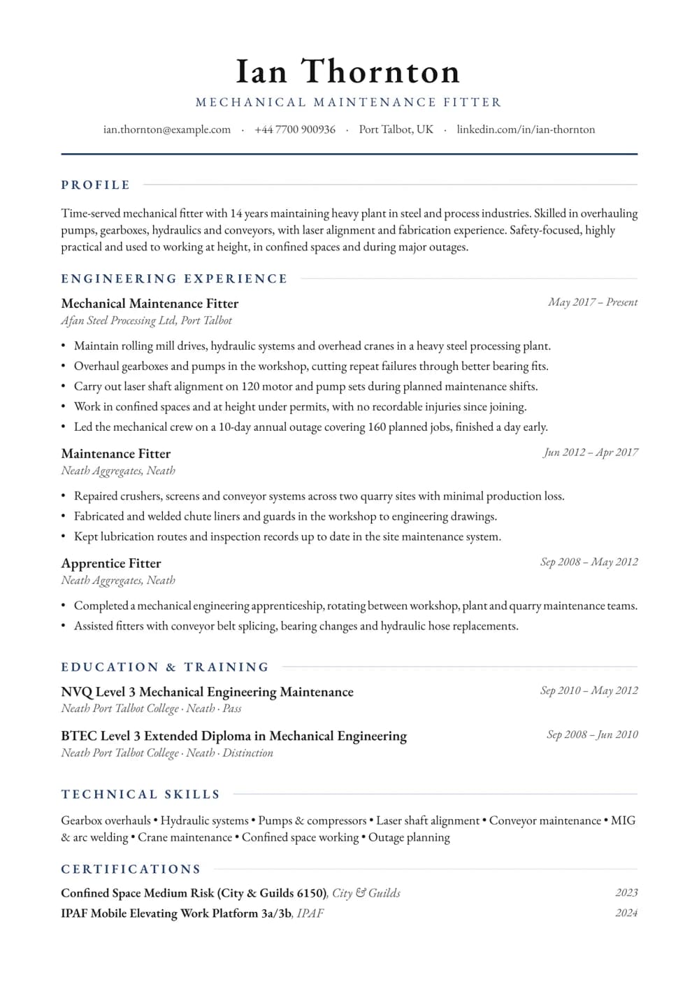Mechanical Fitter CV template