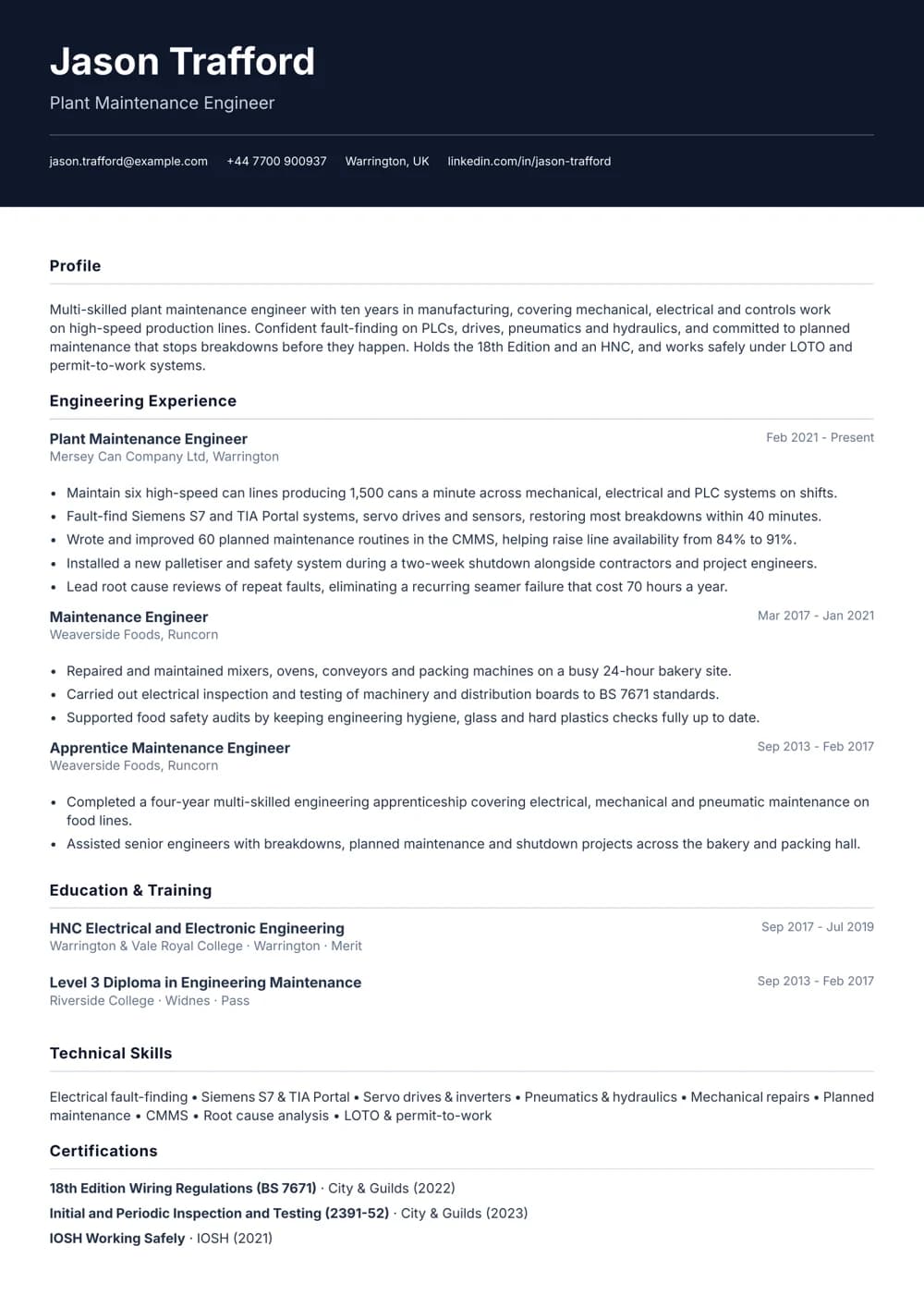 Plant Maintenance Engineer CV template