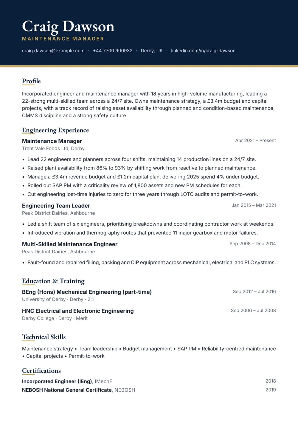Maintenance Manager CV template