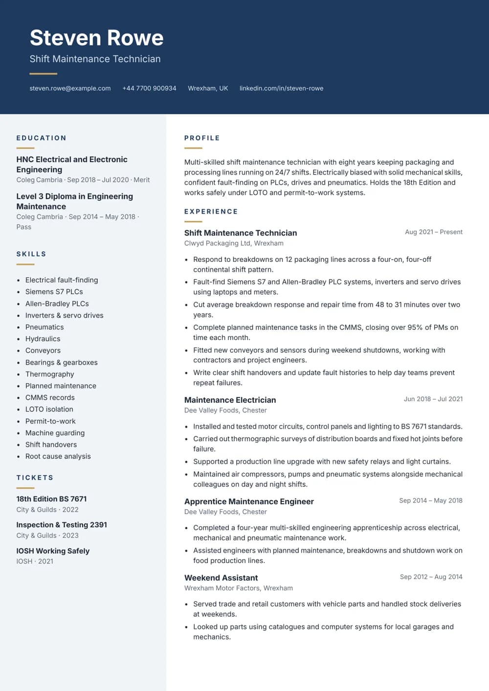 Shift Maintenance Technician CV template