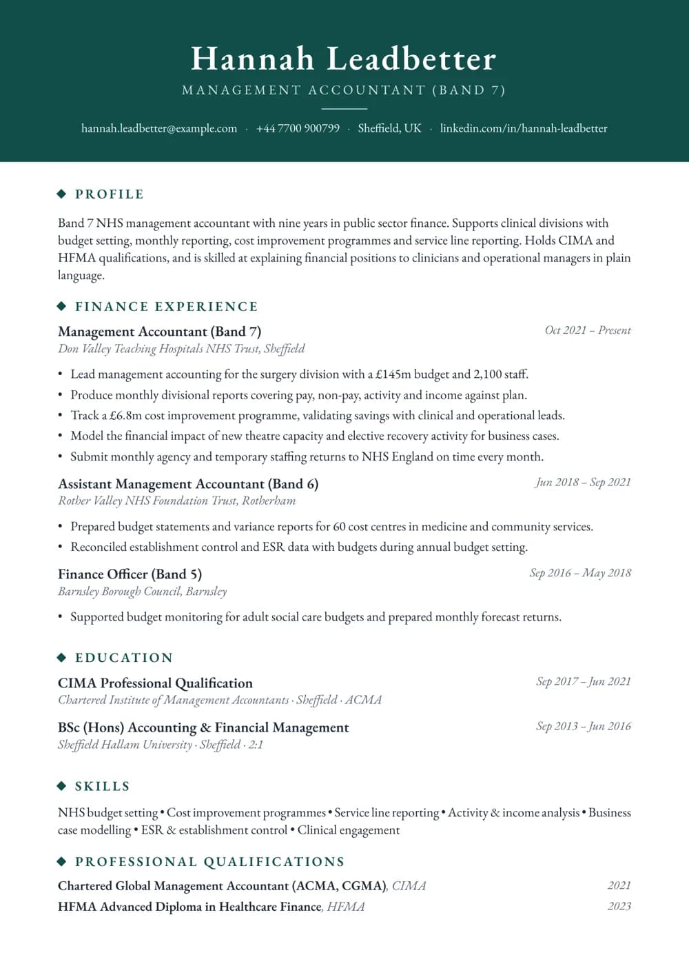 NHS Management Accountant CV template