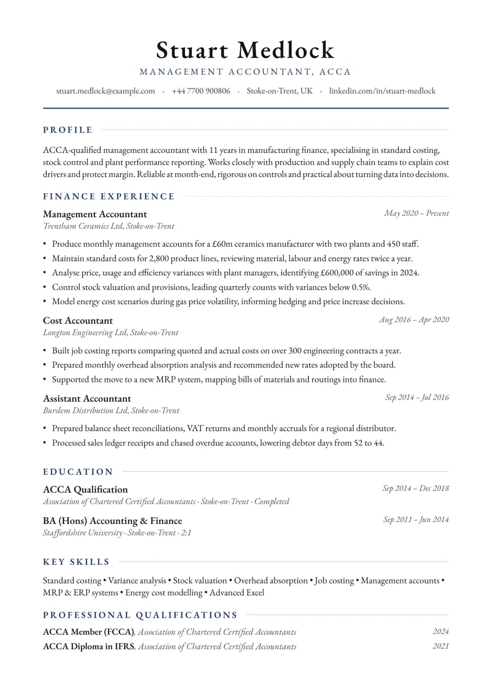 Manufacturing Management Accountant CV template