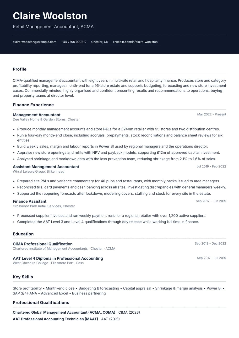 Retail Management Accountant CV template