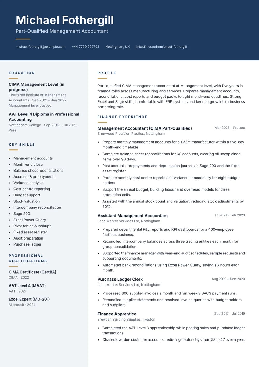 Part-Qualified Management Accountant CV template