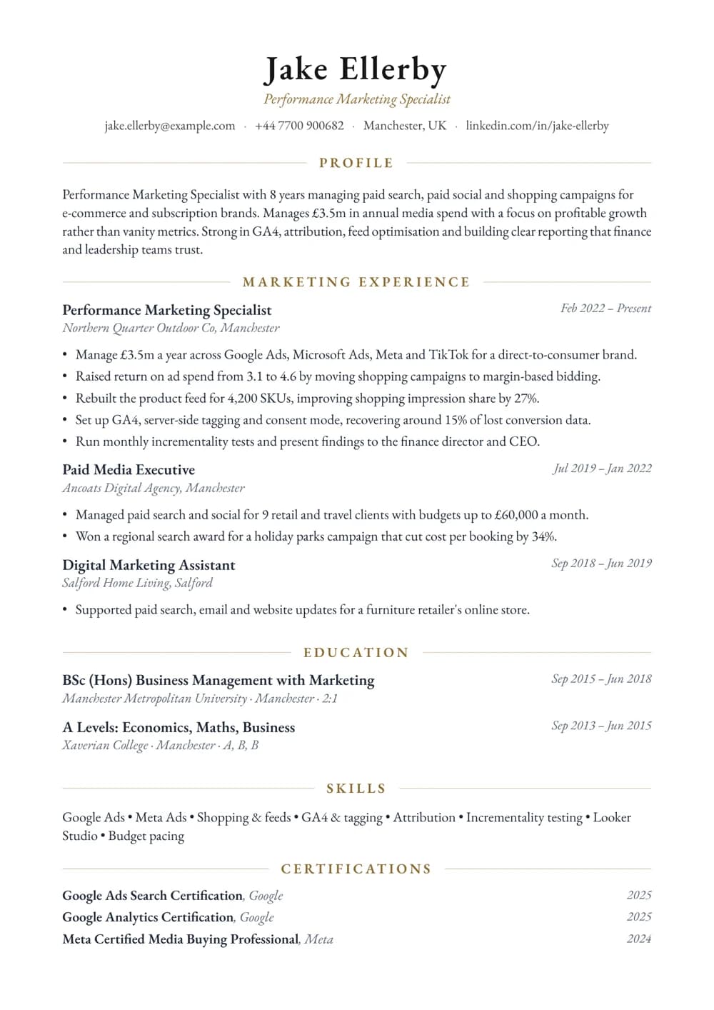 Performance Marketing Specialist CV template