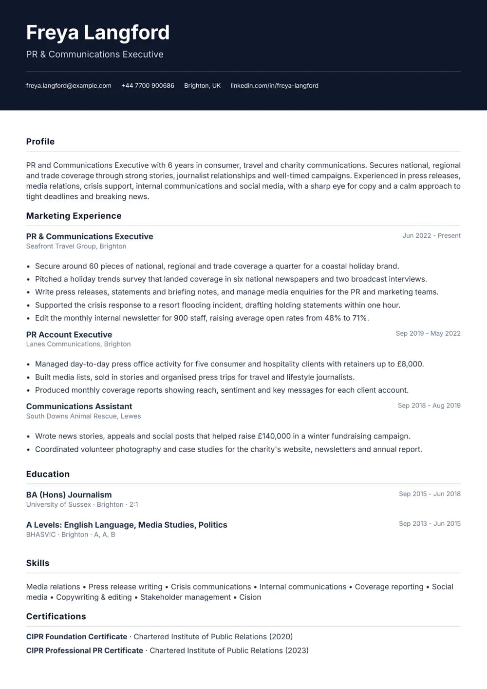 PR & Communications Executive CV template