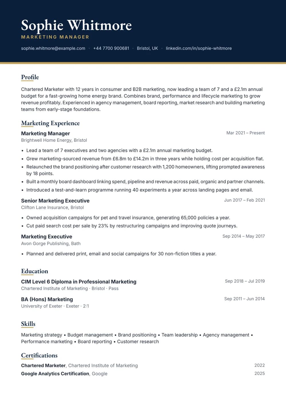 Marketing Manager CV template