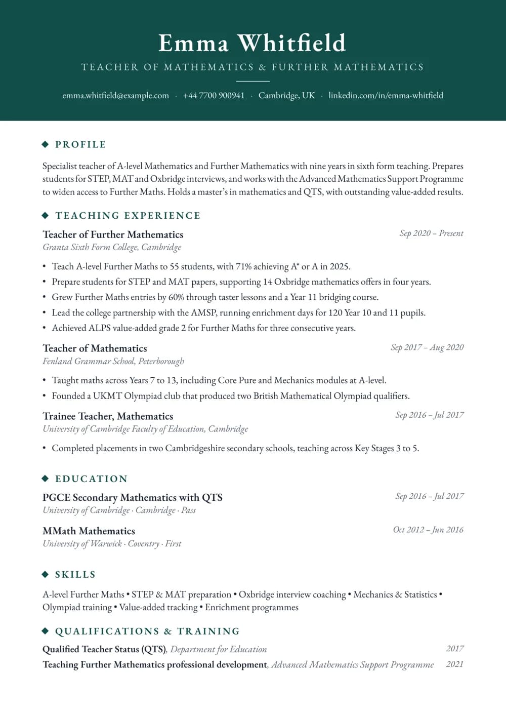 Further Maths Teacher CV template