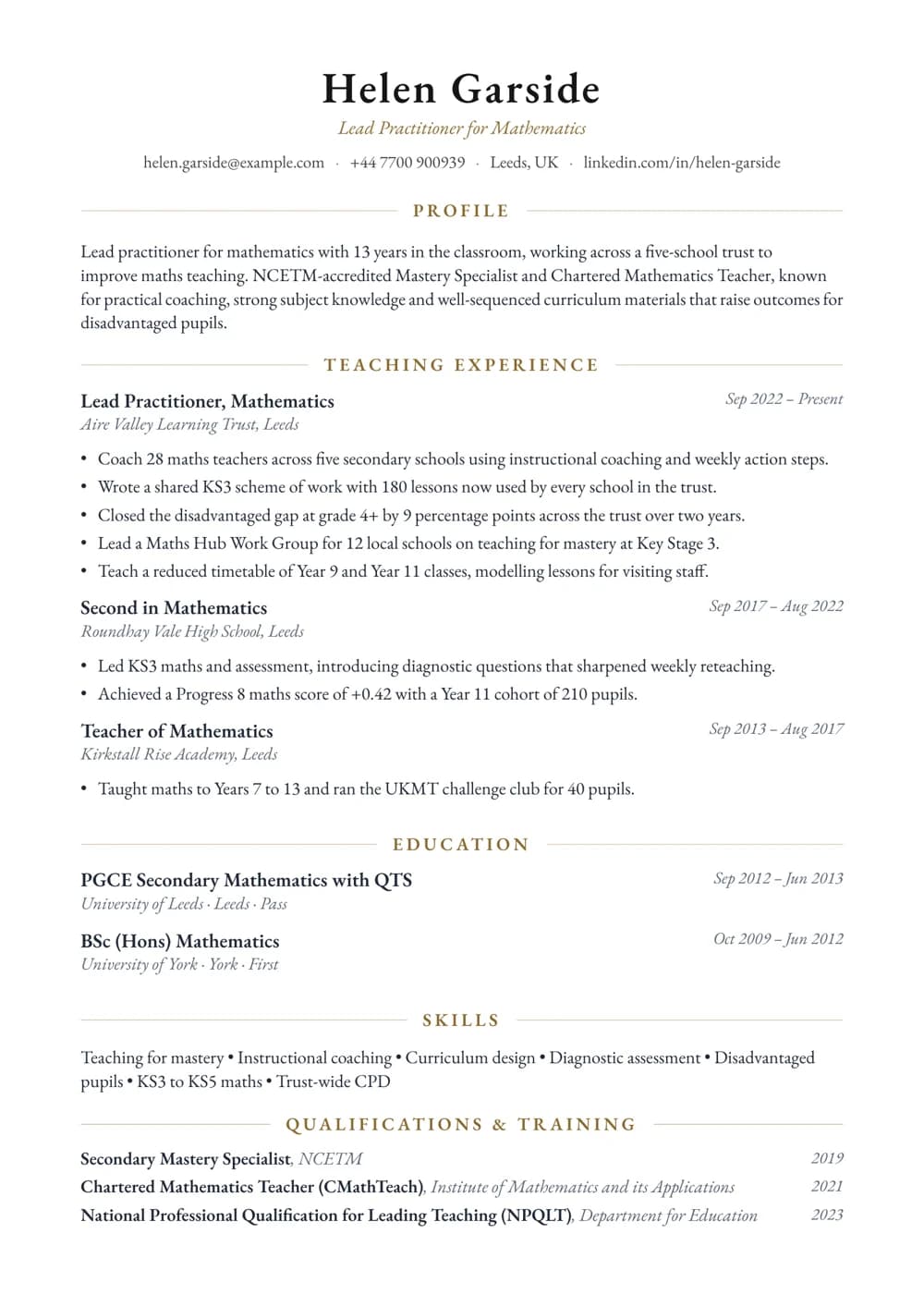 Maths Lead Practitioner CV template