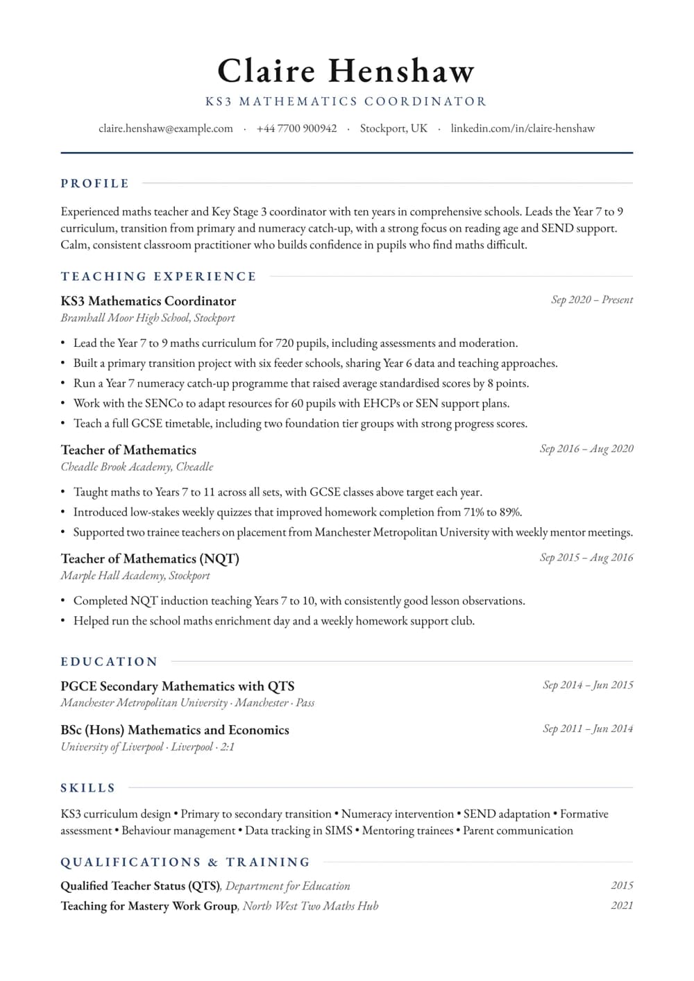 KS3 Maths Coordinator CV template