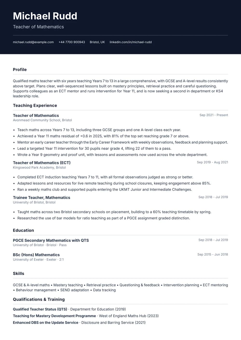 Experienced Maths Teacher CV template