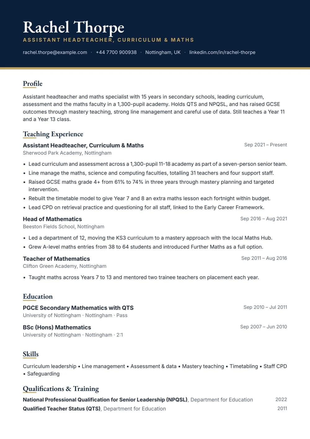 Assistant Headteacher (Maths) CV template
