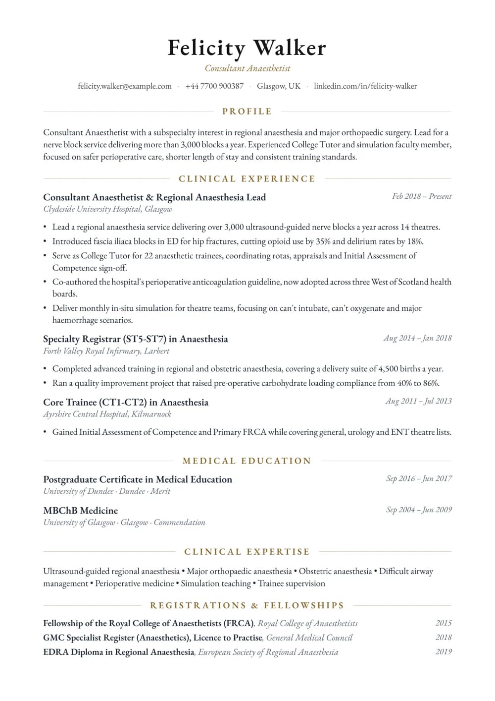 Consultant Anaesthetist CV template