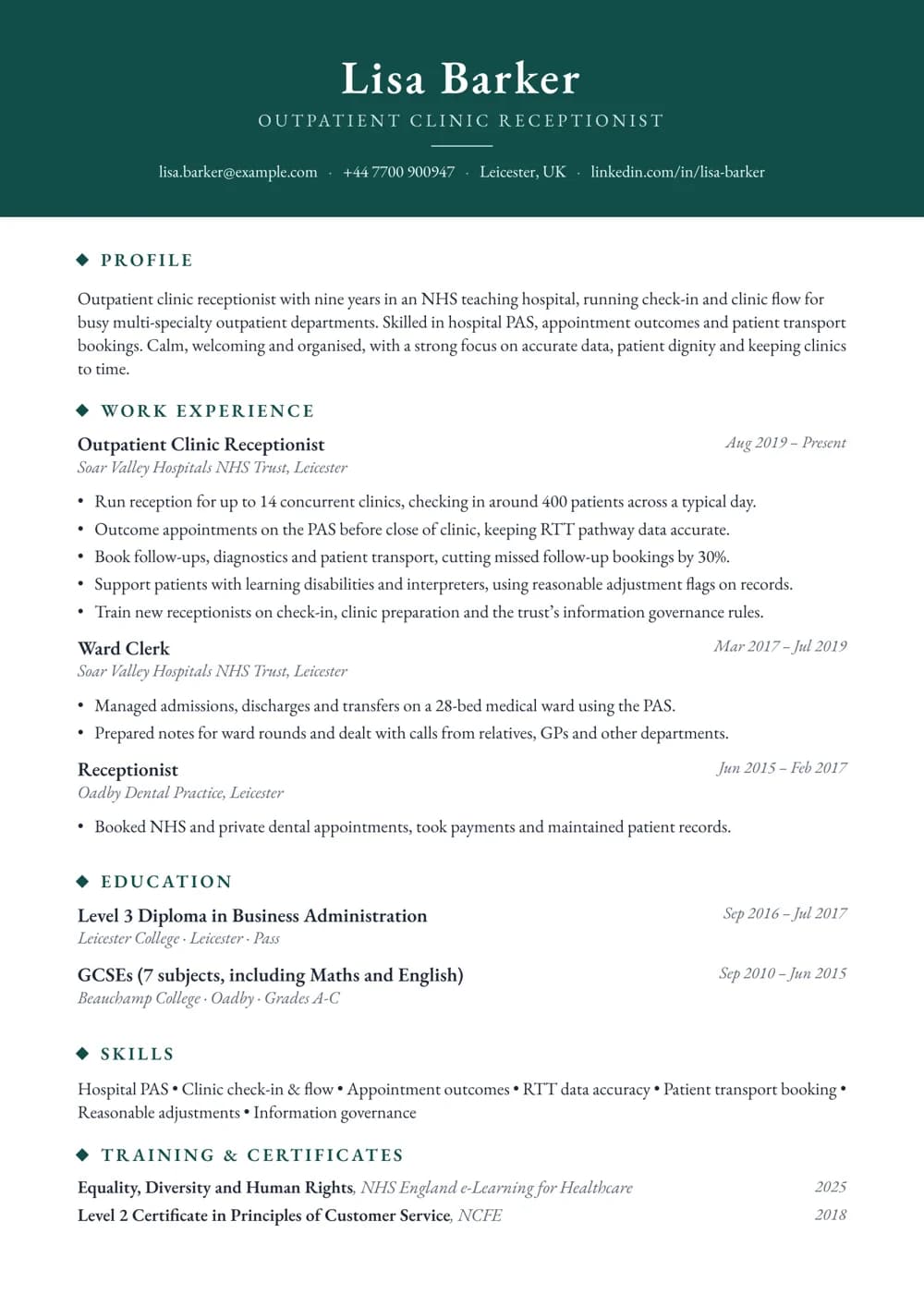 Outpatient Clinic Receptionist CV template