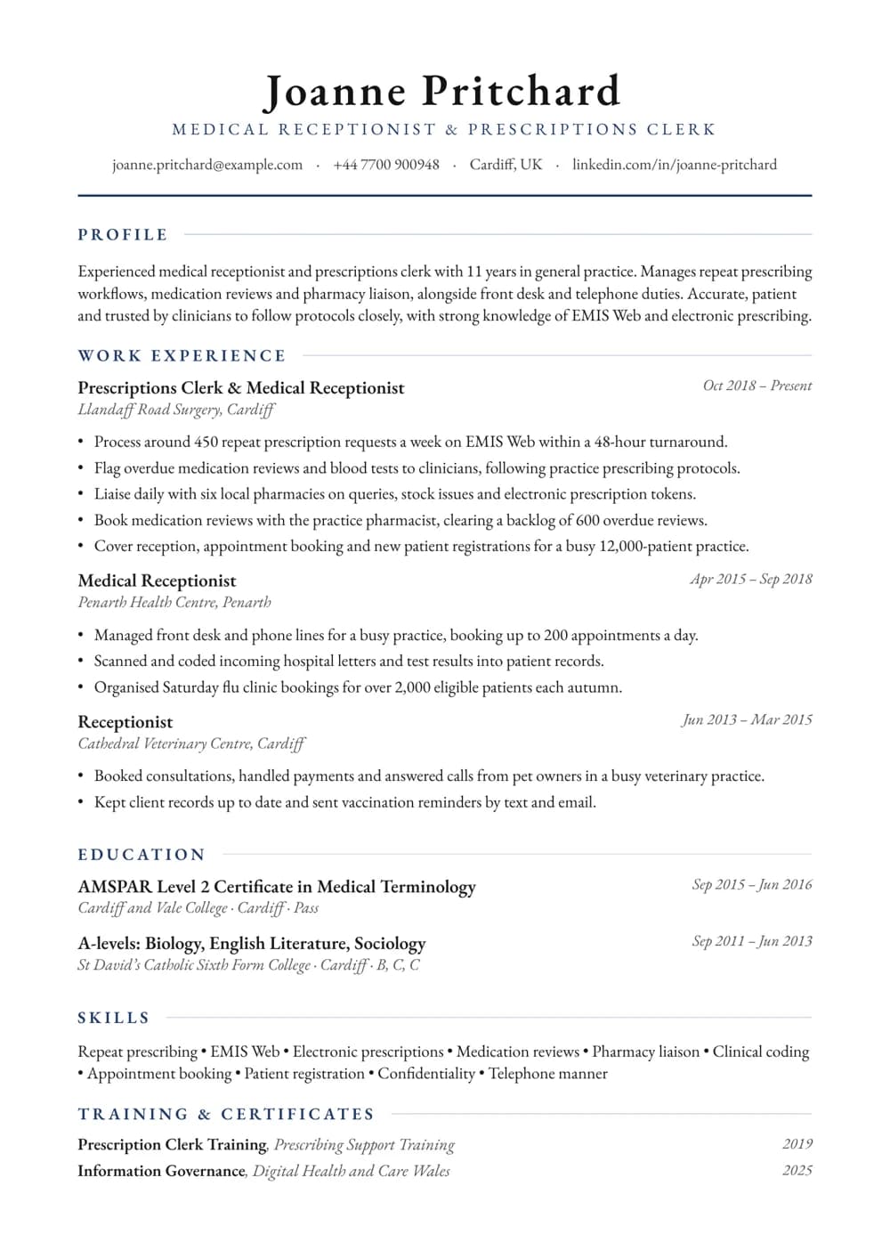 Prescriptions Clerk CV template