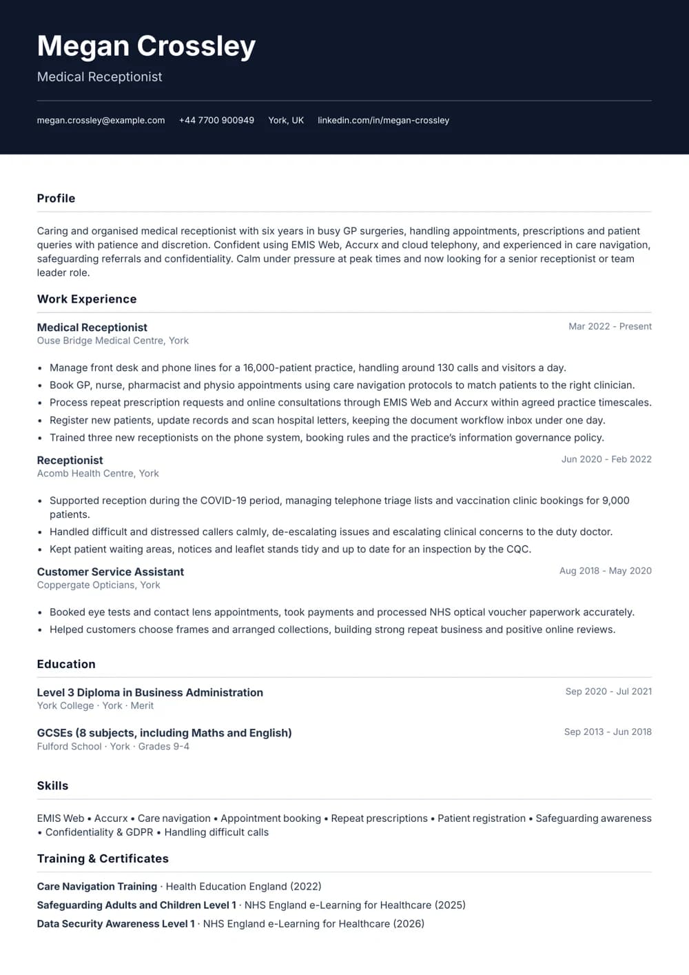 Surgery Receptionist CV template