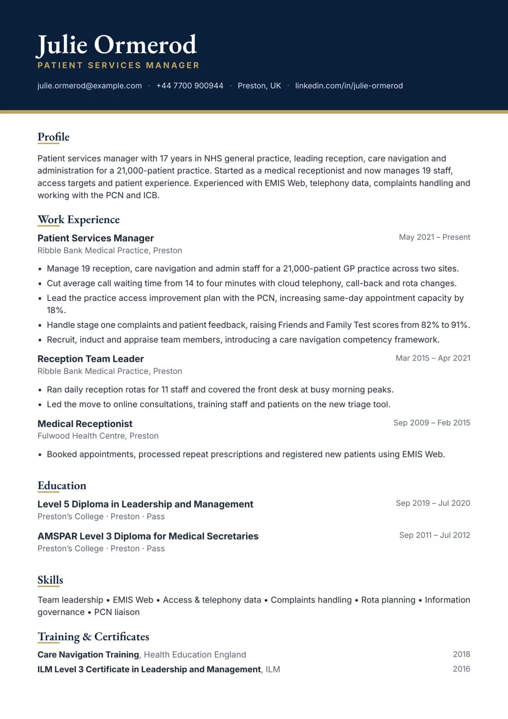 Patient Services Manager CV template