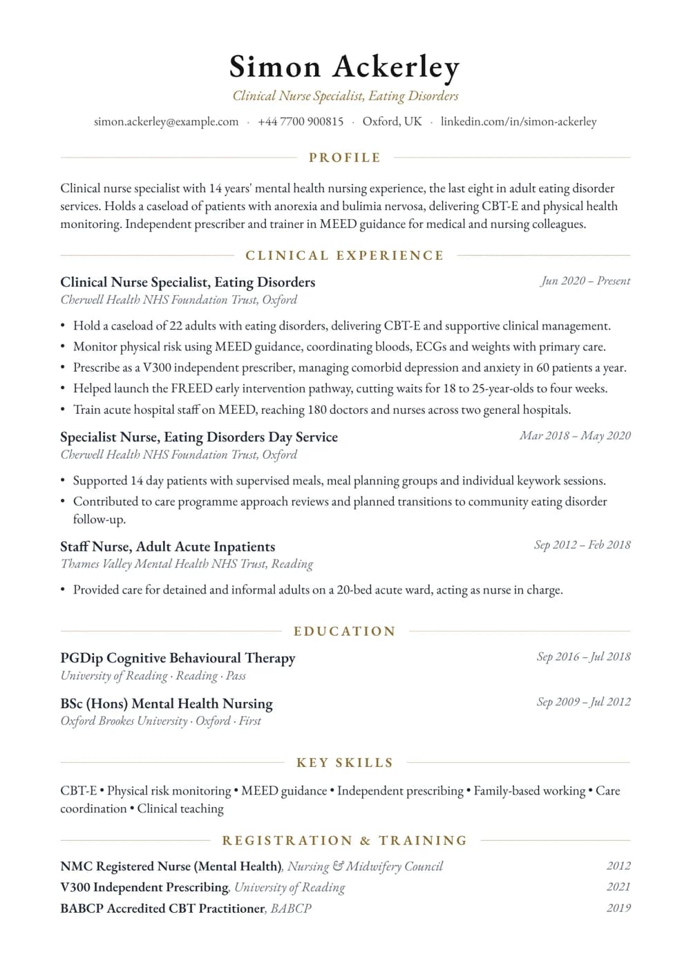 Eating Disorders Nurse Specialist CV template