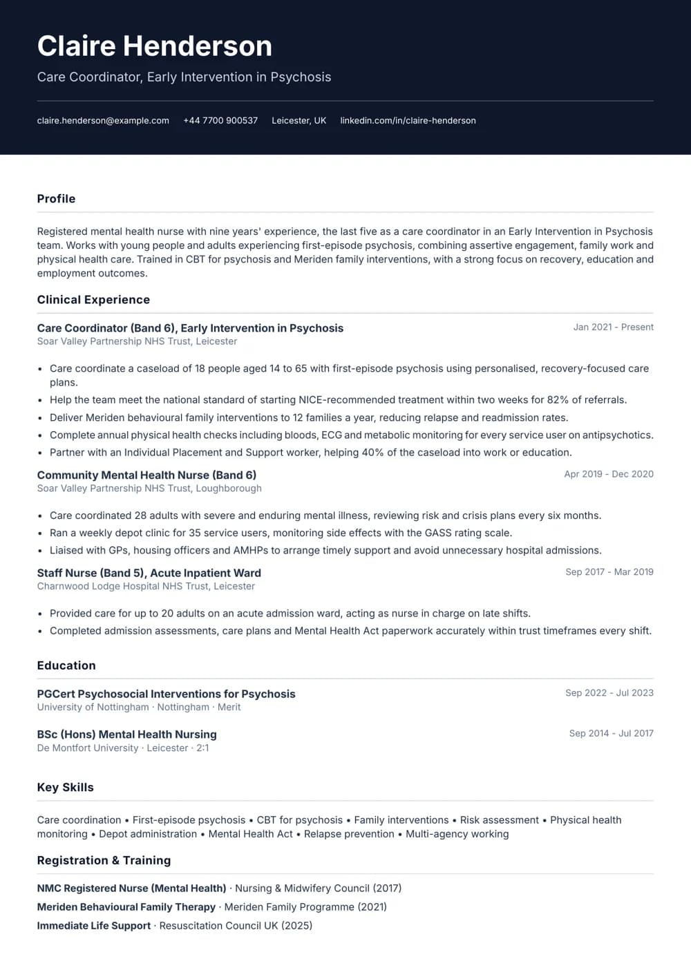 Early Intervention in Psychosis Nurse CV template