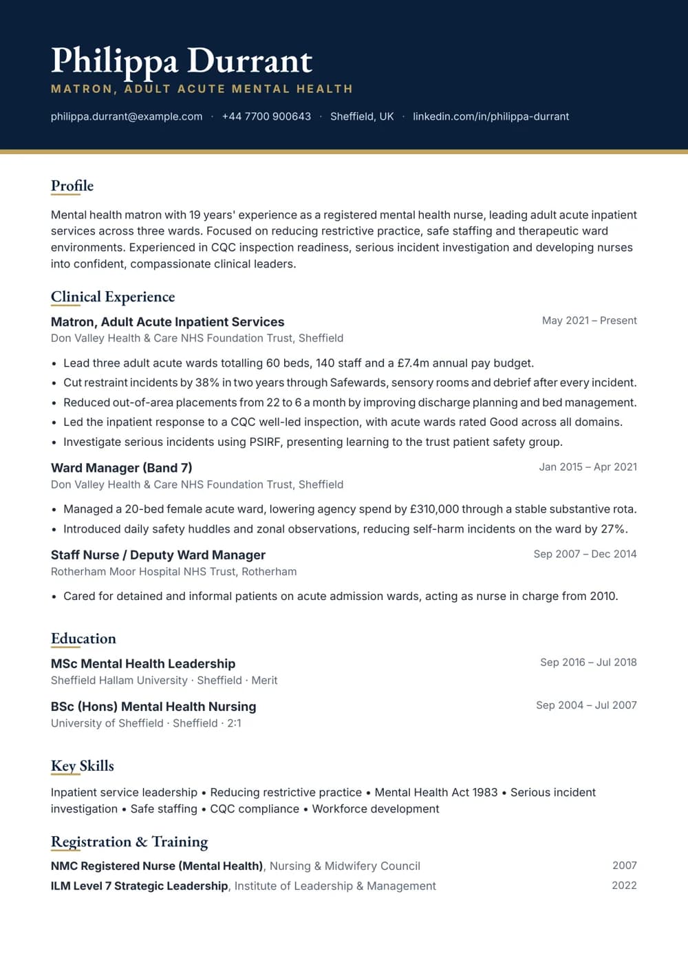 Mental Health Matron CV template