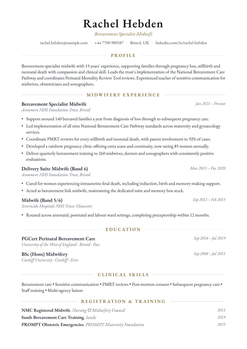 Bereavement Specialist Midwife CV template