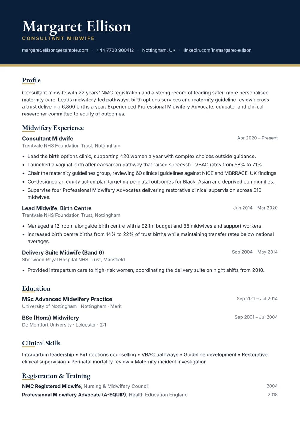 consultant midwife cv template