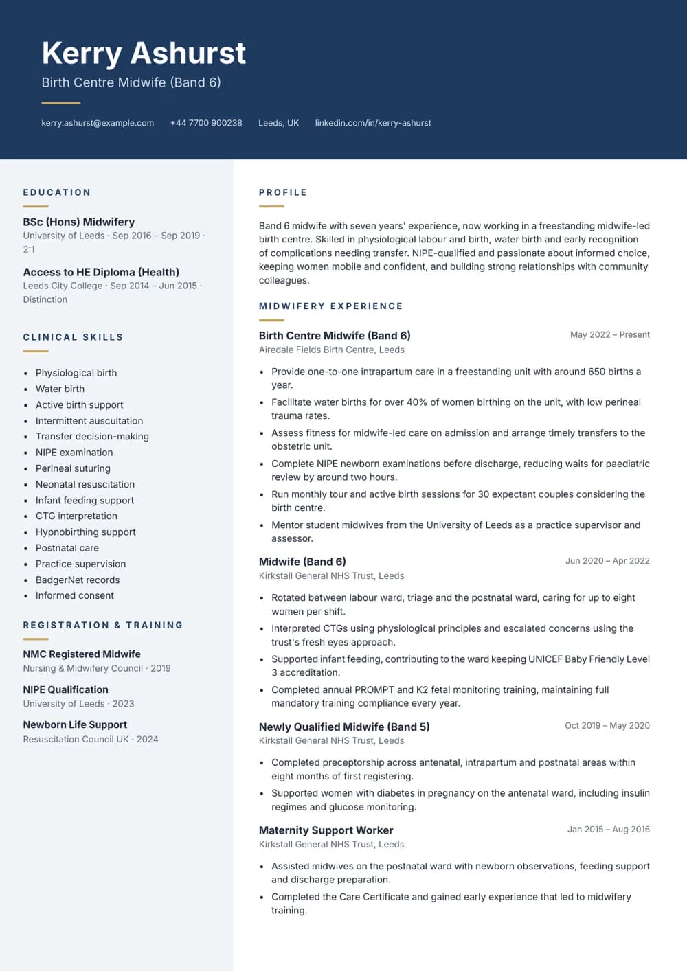Birth Centre Midwife CV template