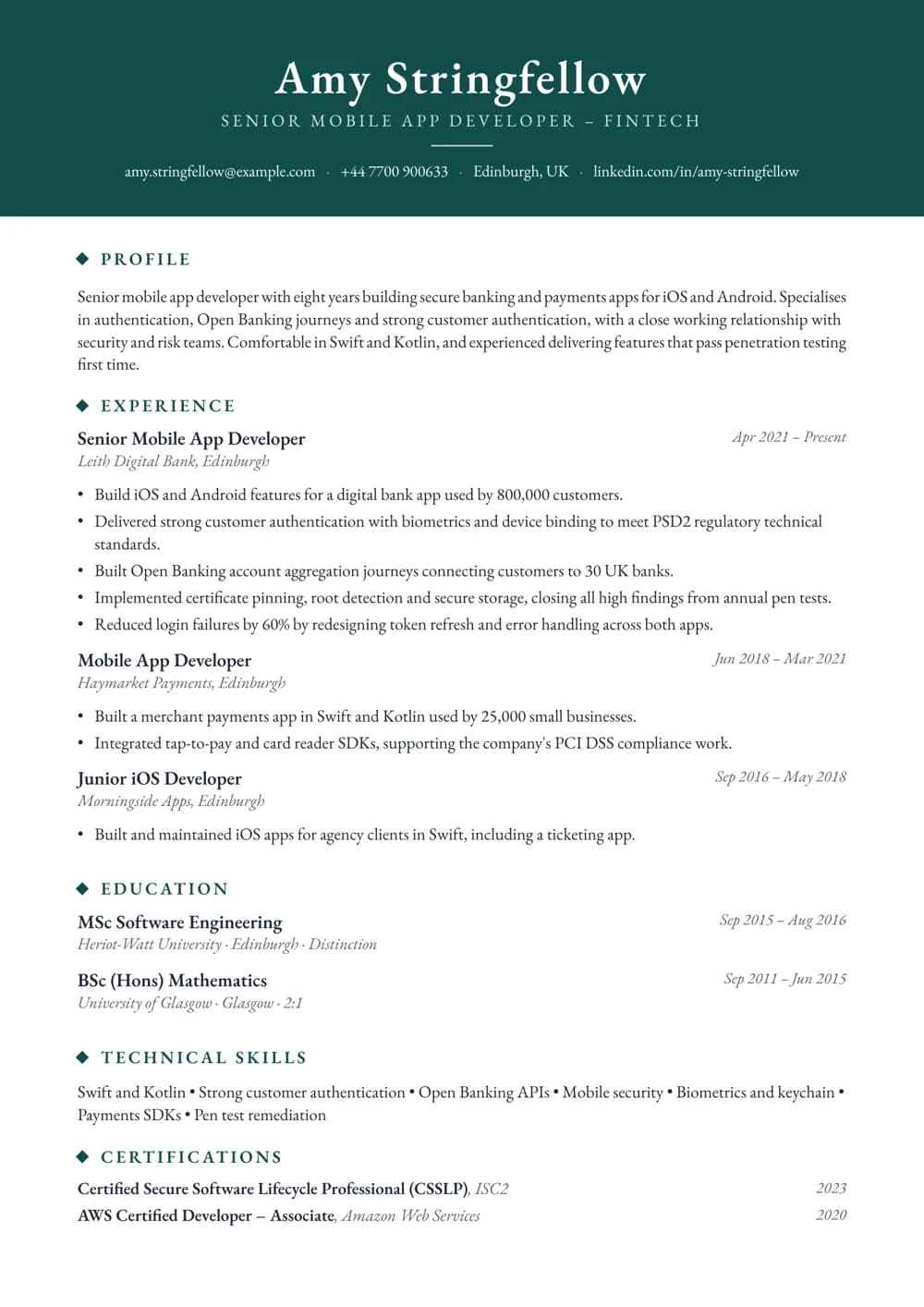 Fintech Mobile Developer CV template