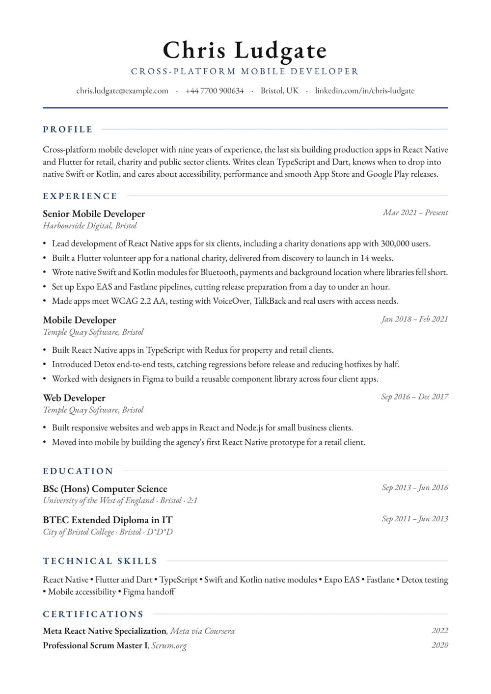 Cross-Platform Mobile Developer CV template