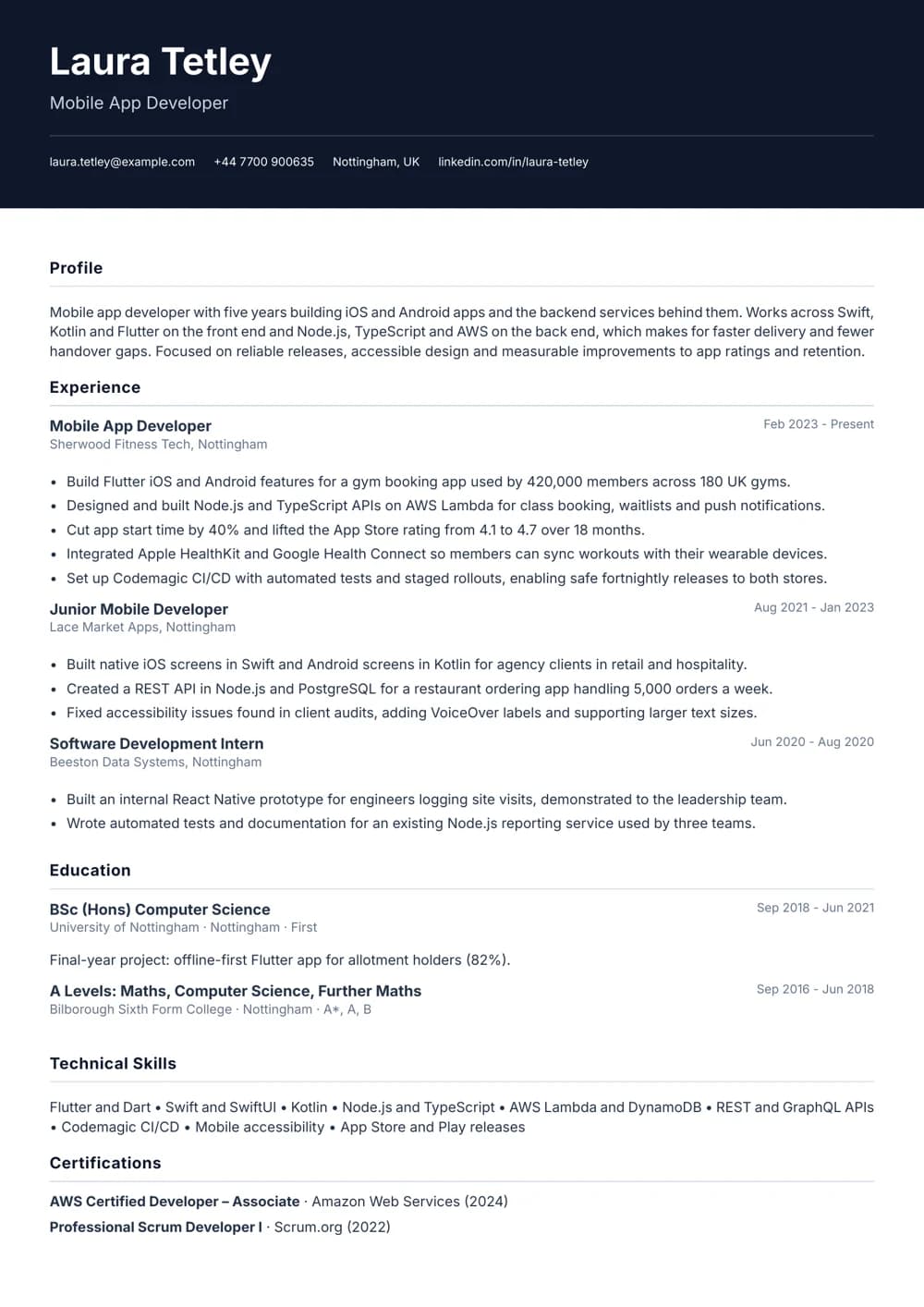 Full-Stack Mobile Developer CV template