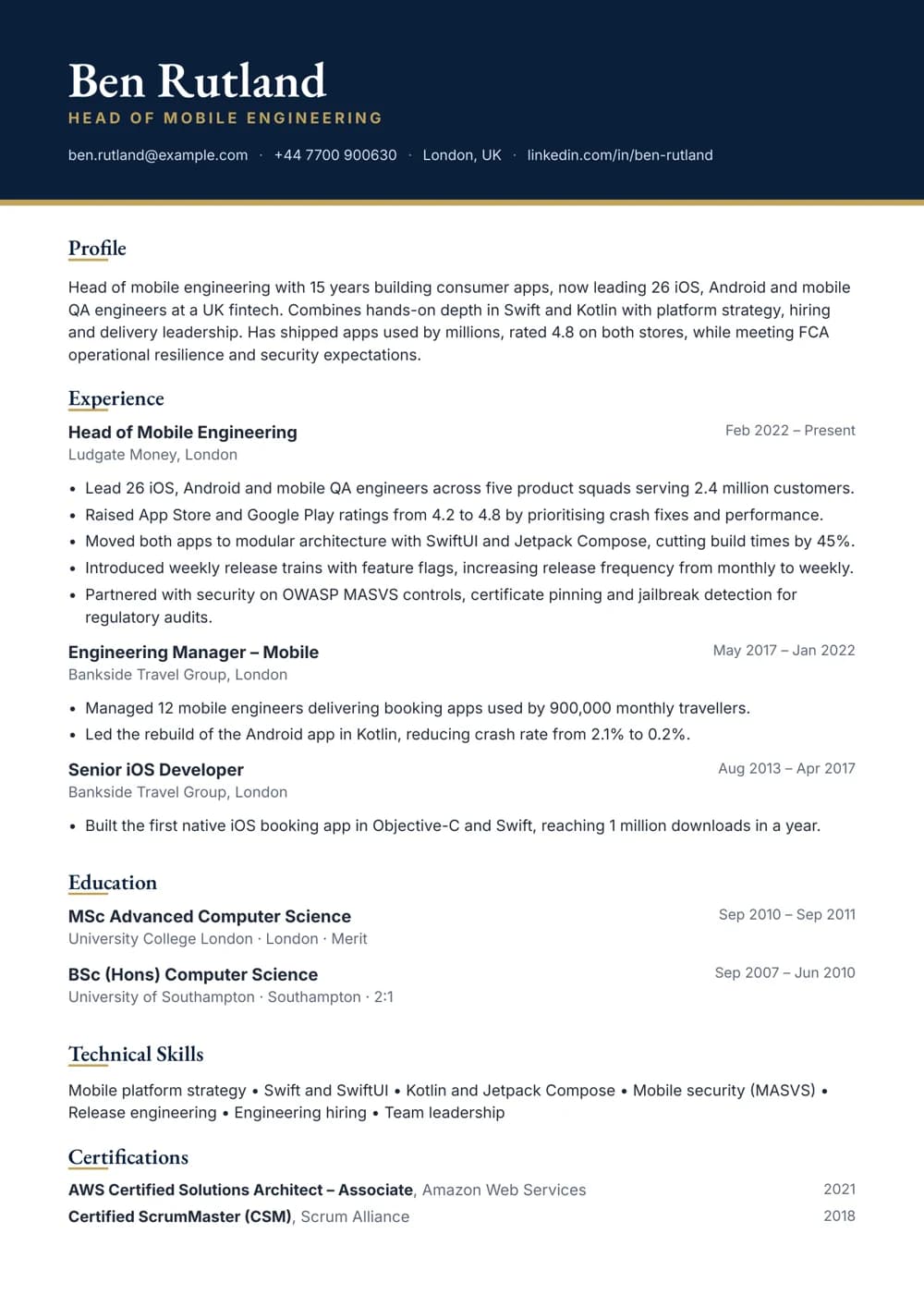 Head of Mobile Engineering CV template