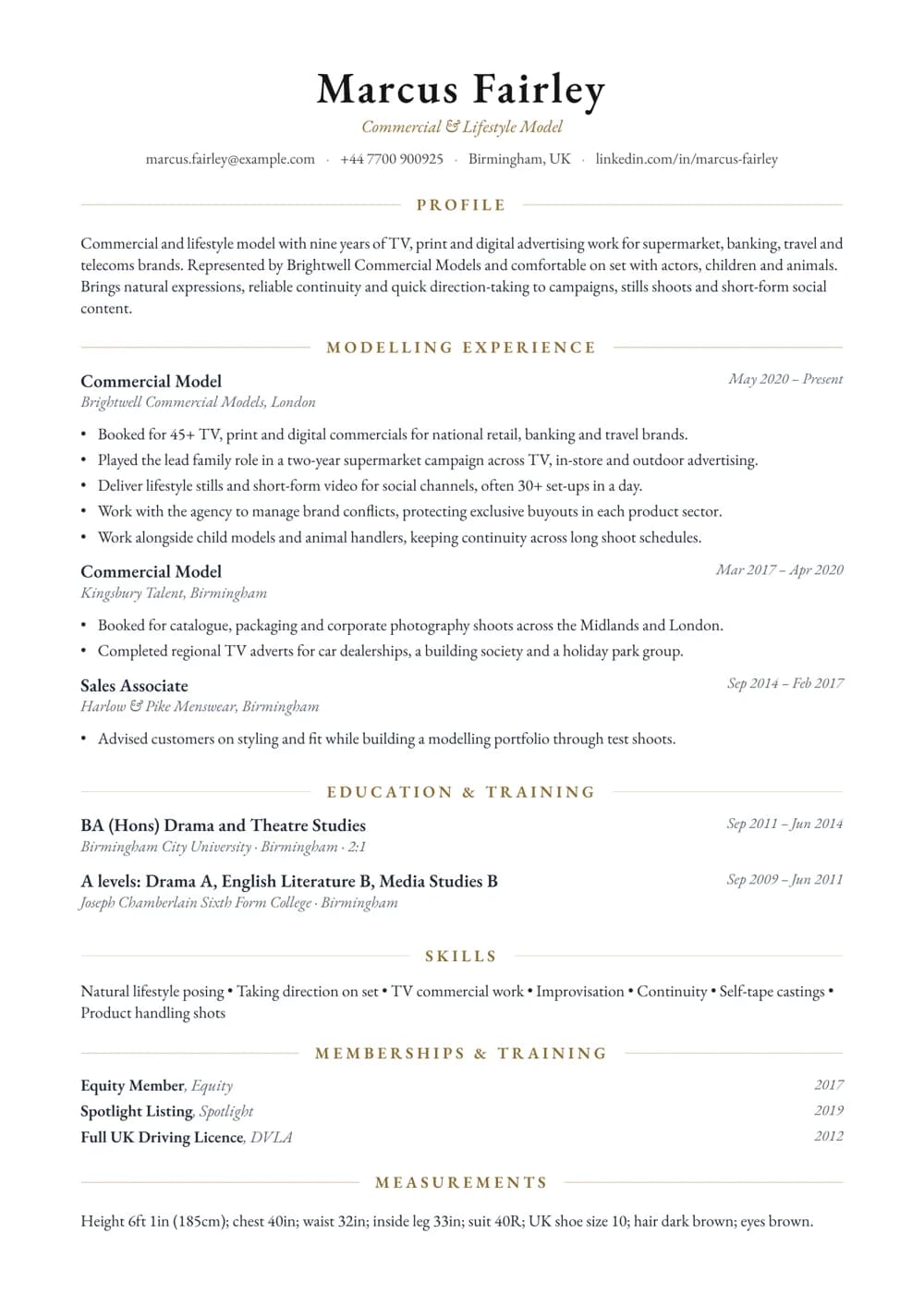 commercial model cv template