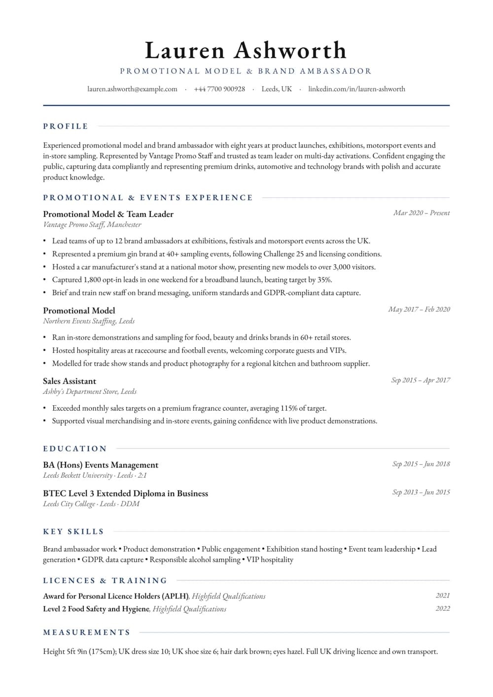 promotional model cv template